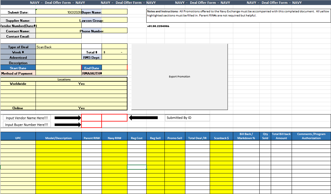 Promotion Macro workbook: Navy Deal Offer Form with header fields, Export Promotion button, vendor name, submitted-by ID and buyer number boxes, and item rows